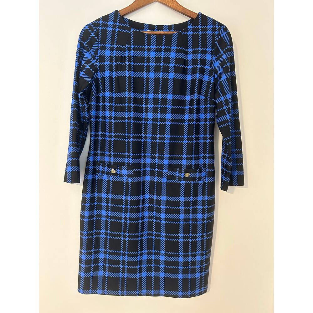 Jude Connally Medium Black Blue Plaid Check 3/4 Sleeve Dress Career Work Basic
